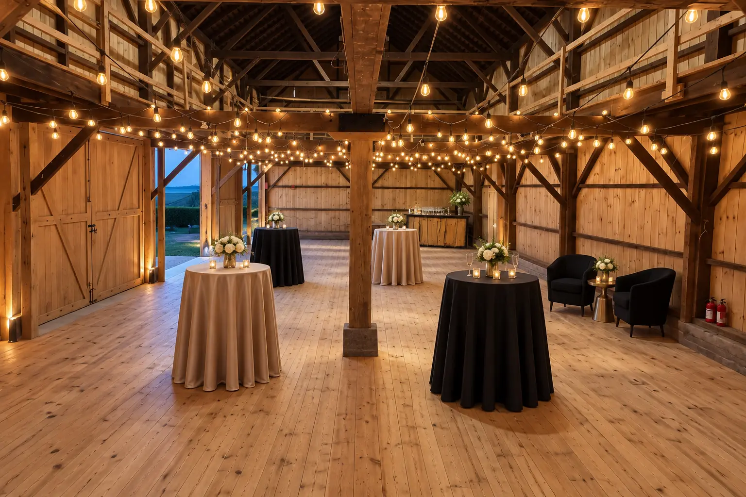 Cocktail reception set up in the barn for a corporate event