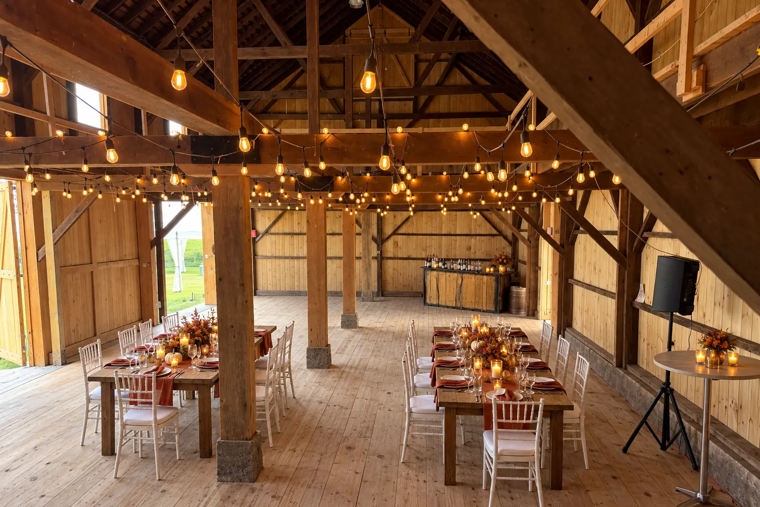 Long harvest tables set for a celebration inside the barn