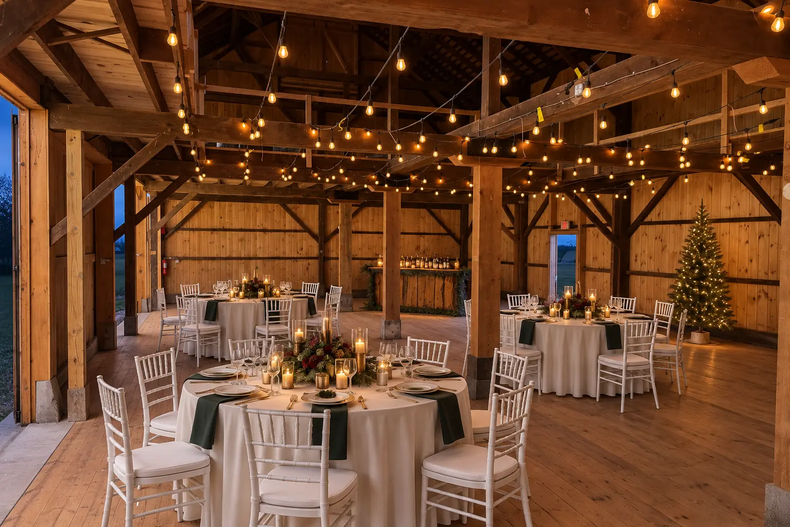 Holiday party tables with greenery, candlelight and a lit tree inside the barn