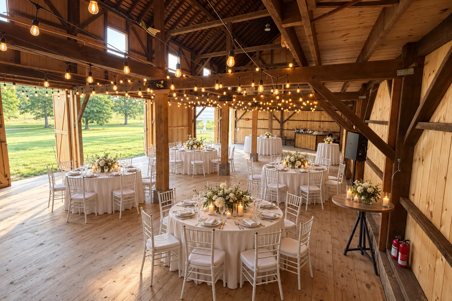 Reception tables set inside the barn with the doors open to the fields